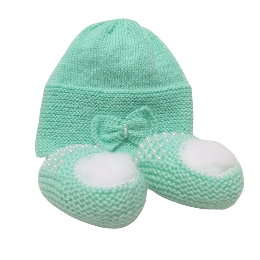 Touca Sapatinho Verde Claro Tricô Bebê Menina Kit Recém Nascido - 3 Meses