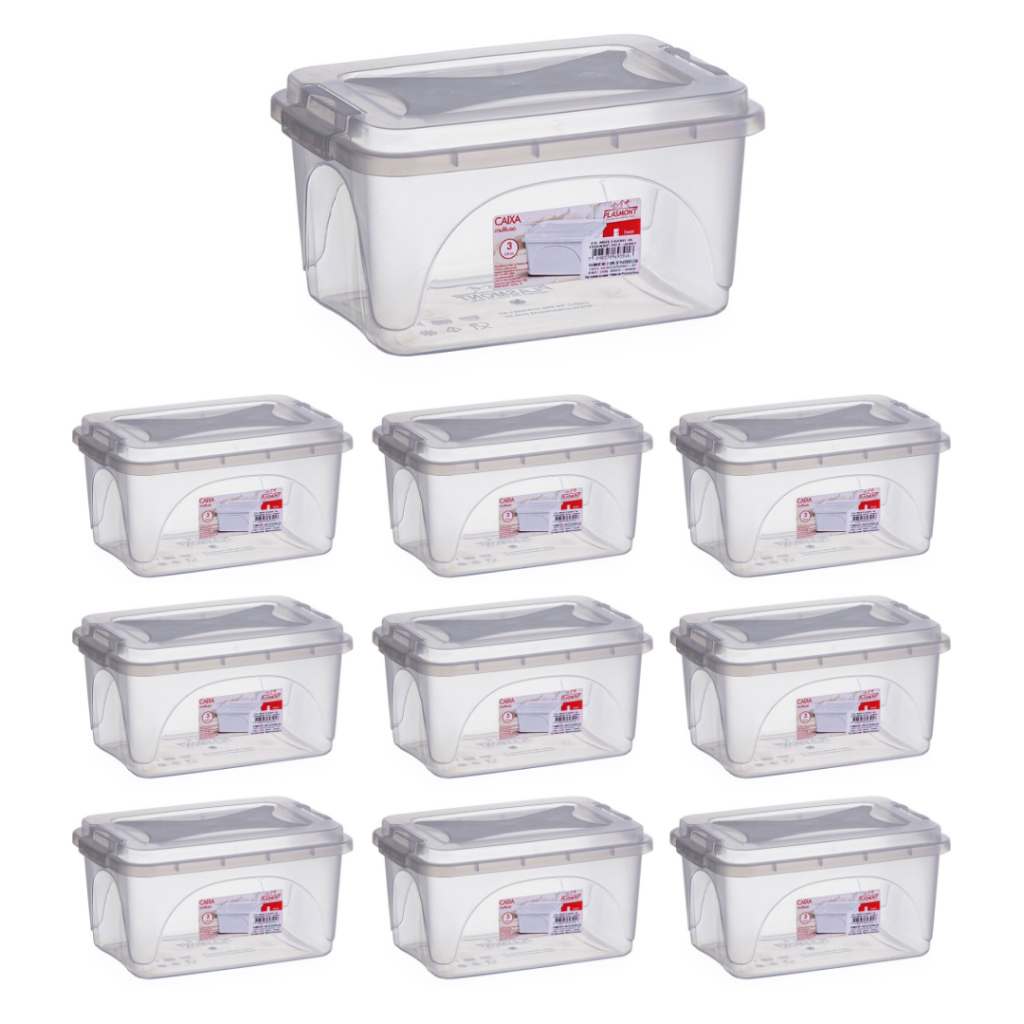 Kit 10 Caixas Organizadoras 3L Transparente Tampa com Trava Multiuso Brinquedos Cabos Livro