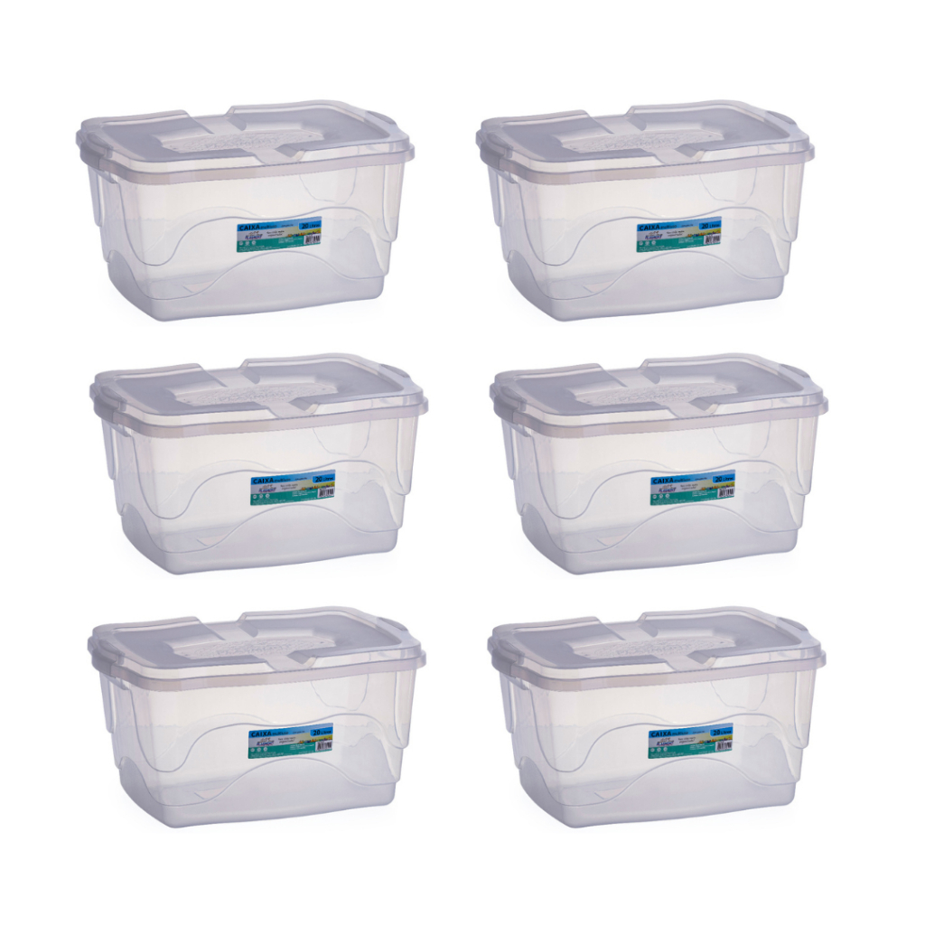 Kit 6 Caixas Container Organizadoras 20L Transparente de Plástico Para Brinquedos Livros Fotos Sapatos