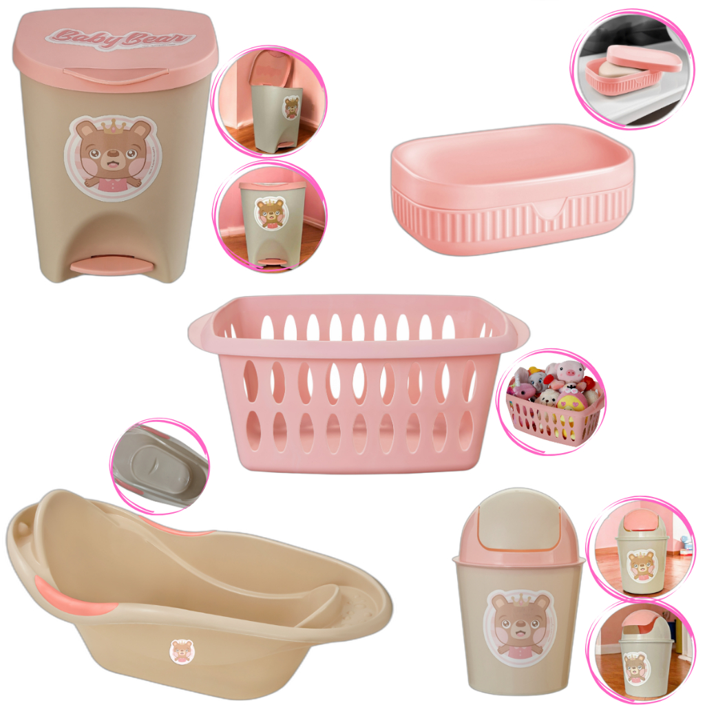 Kit Para Banho Quarto Bebê Baby Menino Menina Banheira Saboneteira Cesto E Lixeiras Rosa em Oferta na Shopee