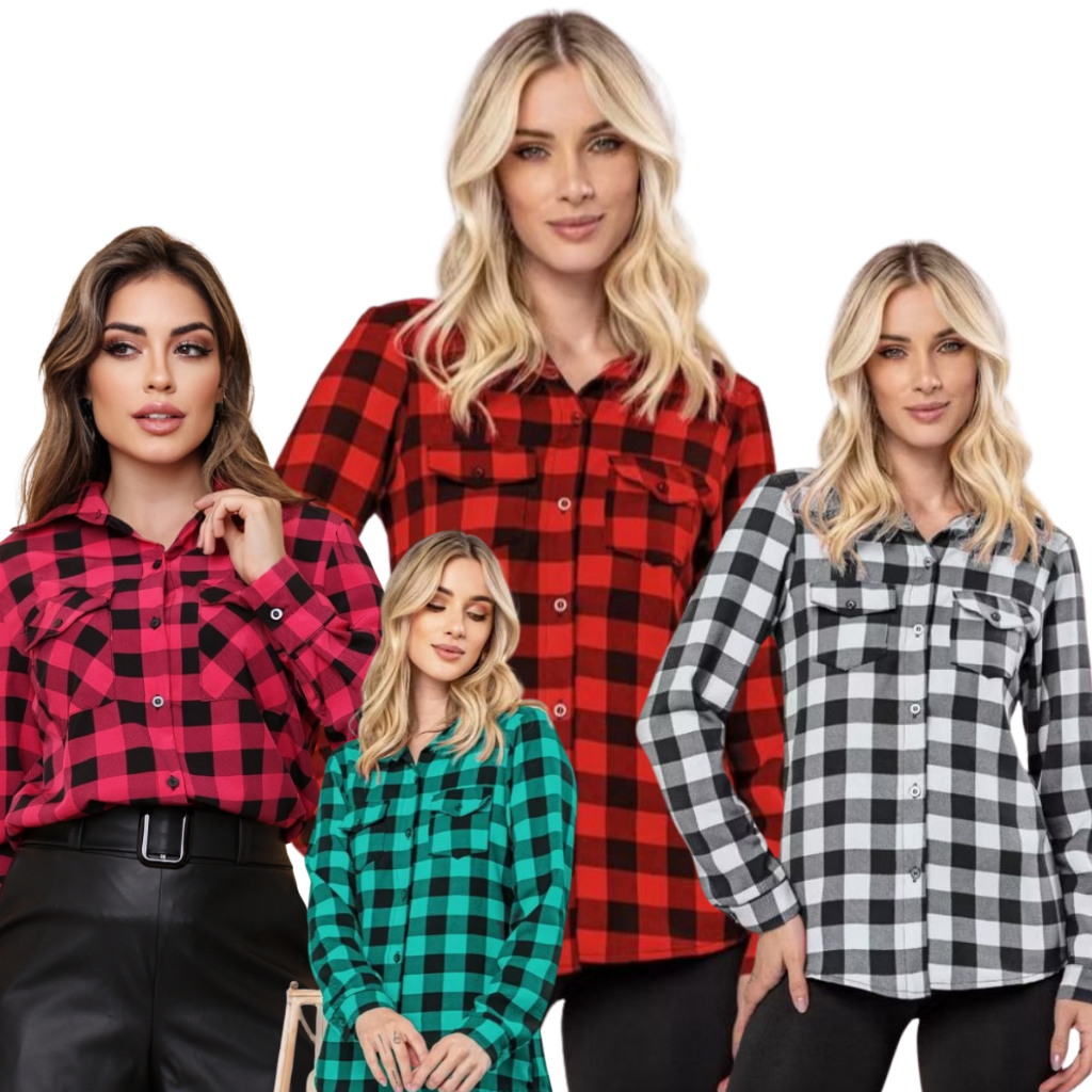 Camisa Xadrez Feminina Manga Longa Com Bolsos Junina Julina Casual