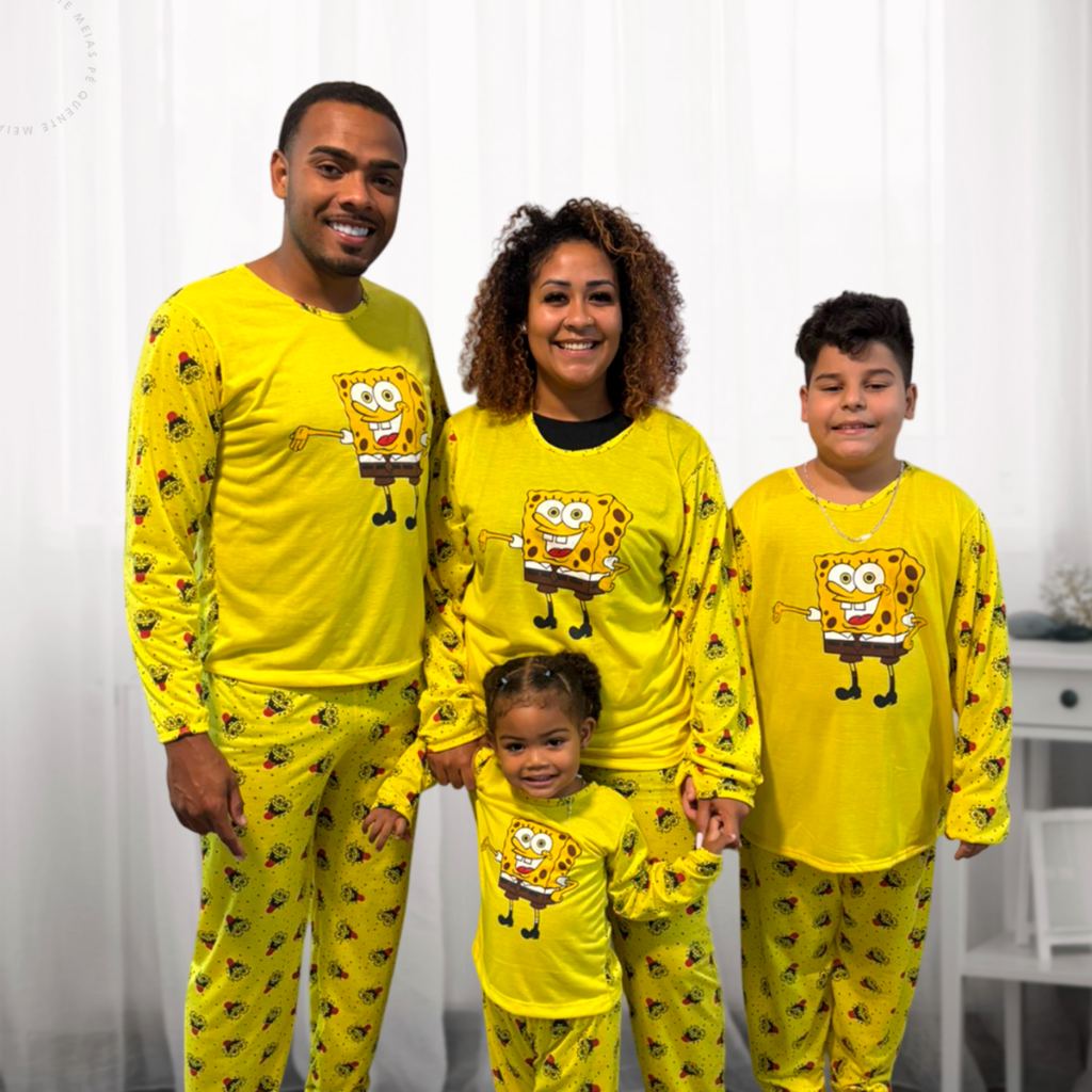 Pijama Bob Esponja Frio Estampado Divertido Fofo Família Combinando Conforto Premium