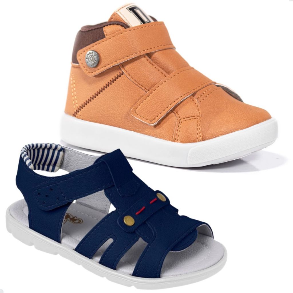 Kit 2 Pares Tênis Masculino Cano Alto e Sandália Papete Infantil Menino Calce Fácil Confortável