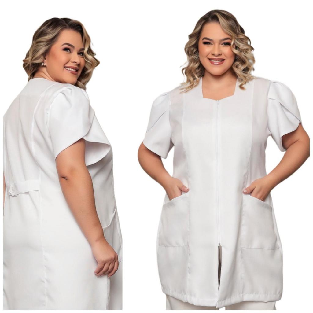 Jaleco Manga Curta Bufante com Zíper Aurora Branco Plus Size Gardenia Jalecos em Oferta na Shopee
