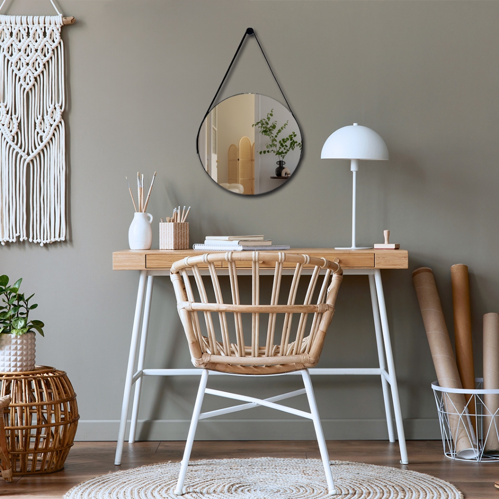 Espelho Redondo Decorativo Adnet 30cm Com Alça Em Couro Ecológico Sala Quarto Banheiro Com Suporte