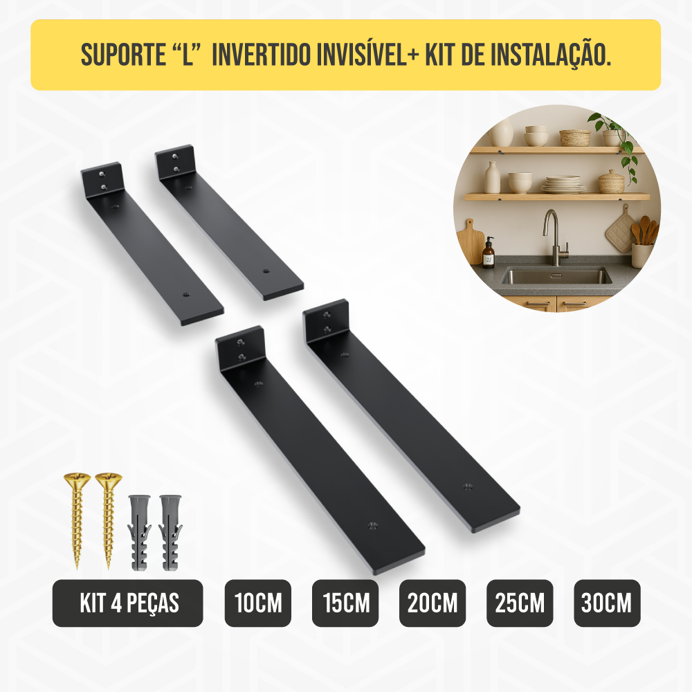 Kit 4 Un - Mão Francesa Cantoneira Invisível Preta Suporte Invertida Aço Carbono