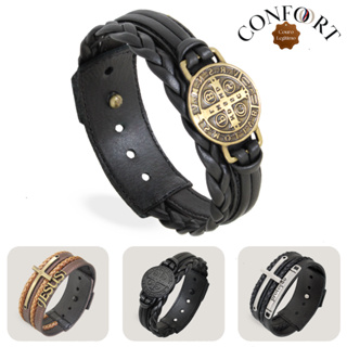 Pulseira de Couro Masculina Country Ajustável São Bento Proteção Jesus Cruz - Modelos Top em Oferta na Shopee