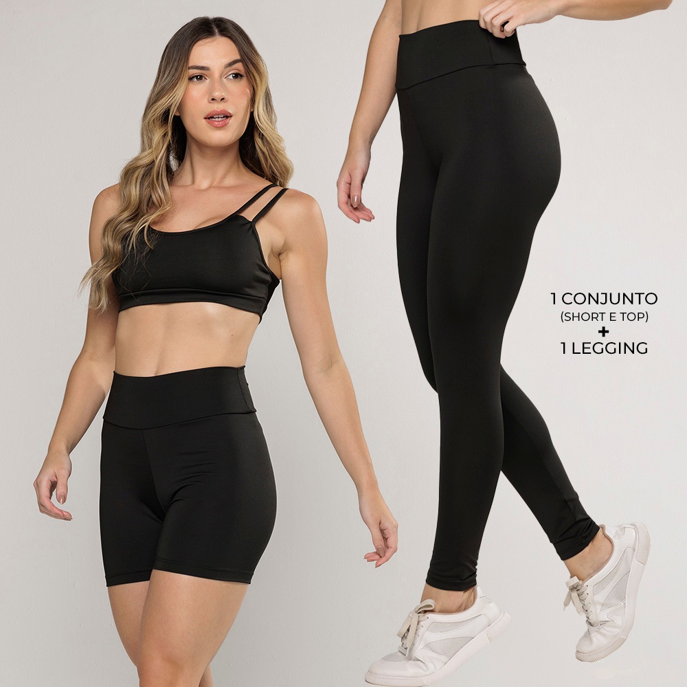 Kit básico fitness calça legging, shortinho e top de academia - Sports & Outdoors