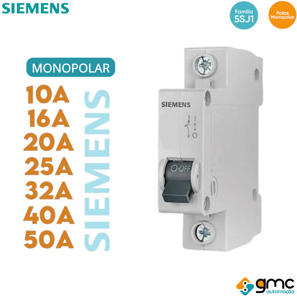 Disjuntor Siemens Monopolar 5SJ1 Curva C 10A, 16A, 20A, 25A, 32A, 40A, 50A