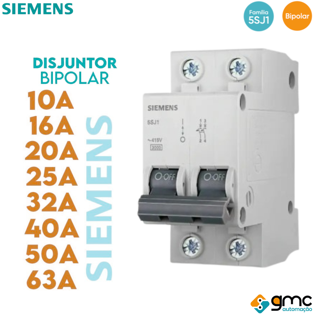 Disjuntor Siemens Bipolar 5SJ1 Curva C 10A, 16A, 20A, 25A, 32A, 40A, 50A, 63A