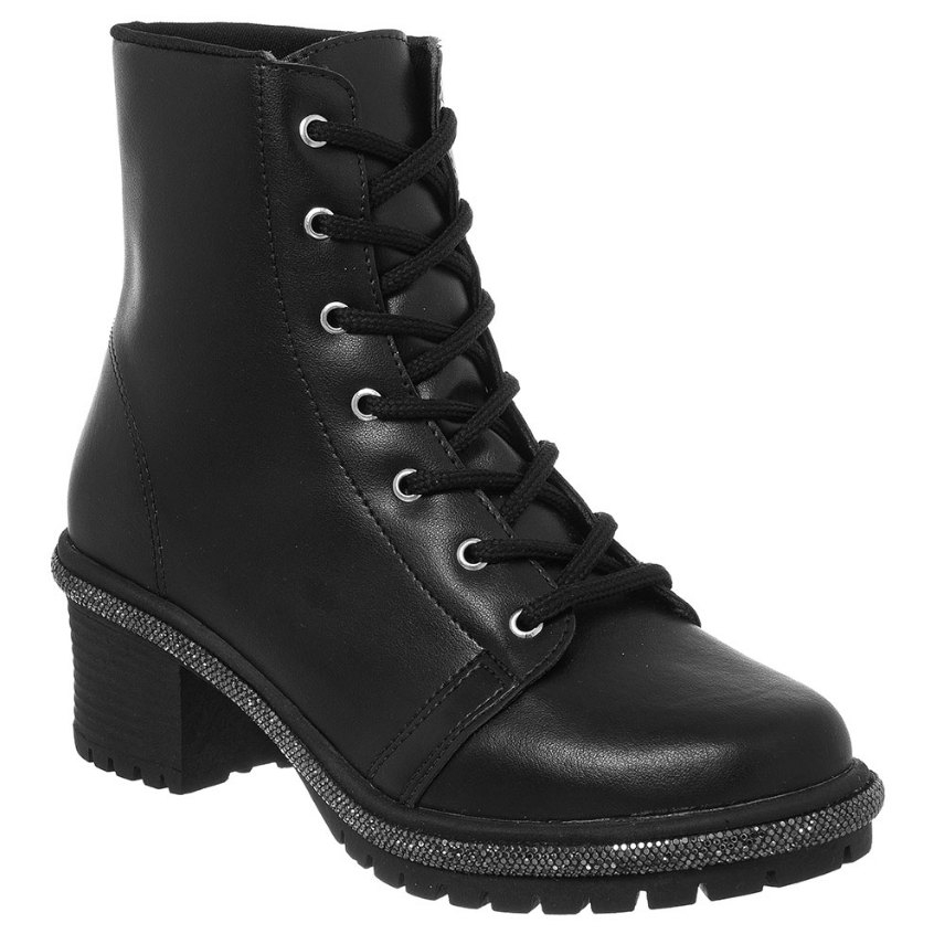 Bota Coturno Feminino Strass Cano Curto Salto Baixo Sola Tratorada Confort Médio Leve Moda Oferta