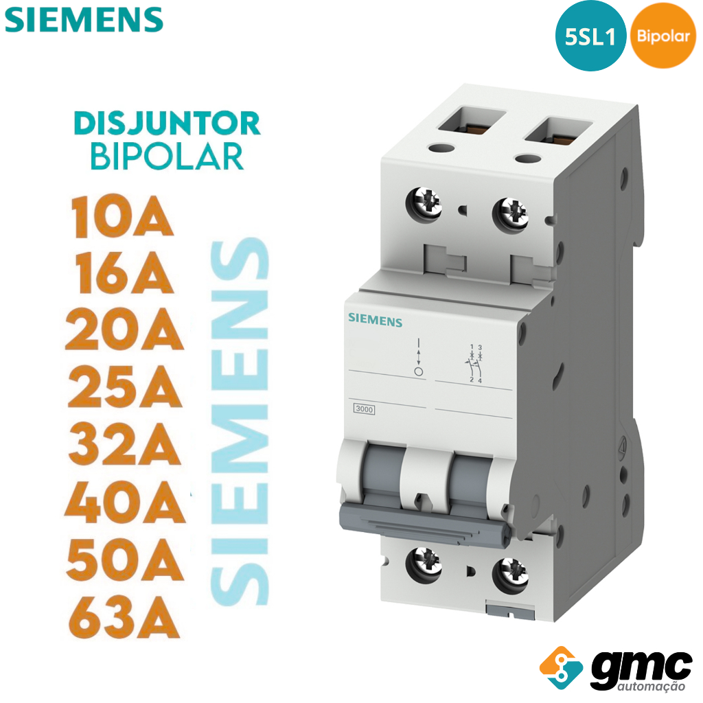 Mini Disjuntor Curva C Bipolar 5SL1 10A, 16A, 20A, 25A, 32A, 40A, 50A, 63A - Siemens