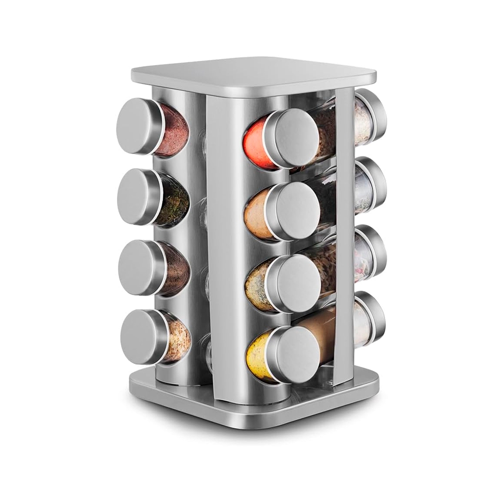 Porta Condimentos Inox Giratório 360° C/ 16 Potes de Vidro Organizador de Temperos