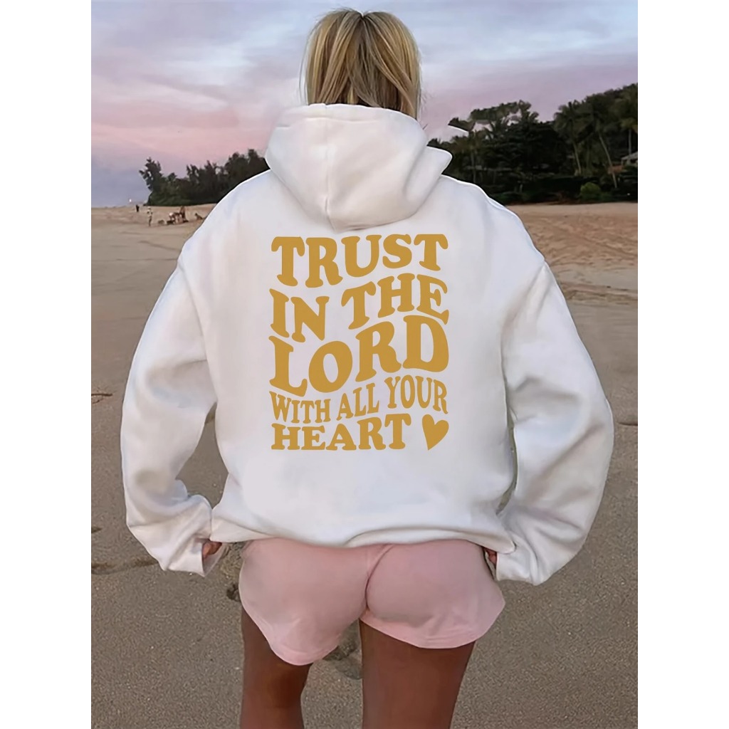 Moletom com capuz estampado gráfico ``Trust In The Lord With All Your Heart´´ e cordão, blusa de moletom casual Unisex n