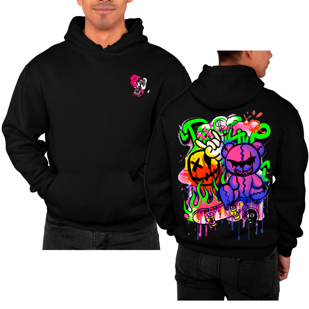 Agasalho Moletom De Frio Masculino Urso Spray Colorido Frente e Costa 100% Algodão Flanelado Top