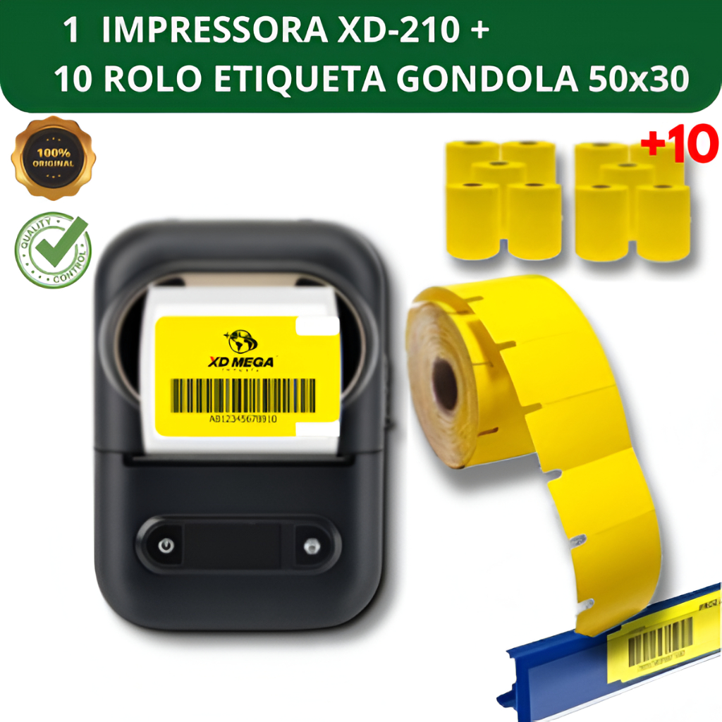 IMPRESSORA BUETOOTH XD-210 + 10 ROLO ETIQUETA GONDOLA 50x30