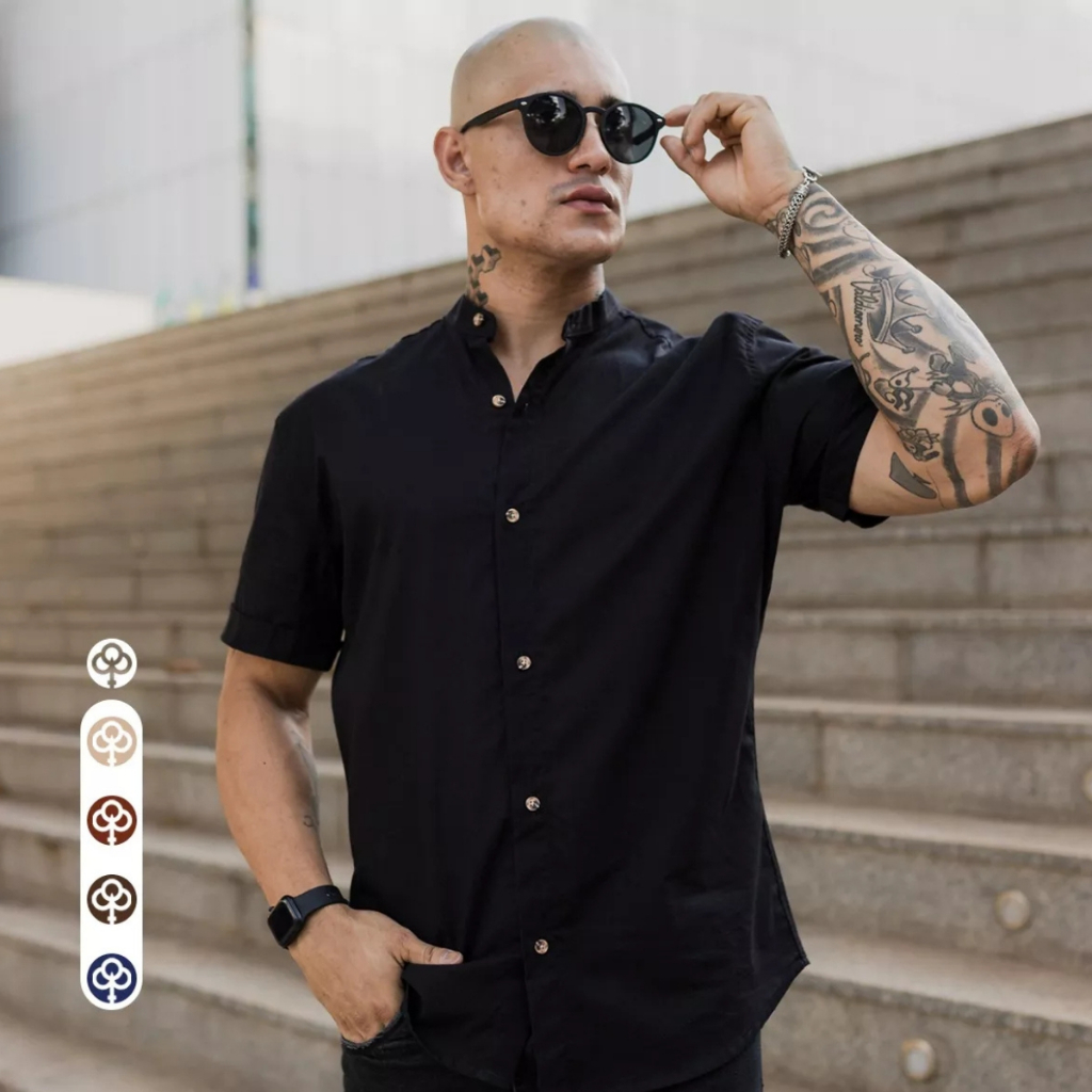 Camisa Social Masculina Manga Curta Gola Padre Slim Moderna Casual Leve Estilo Confortável