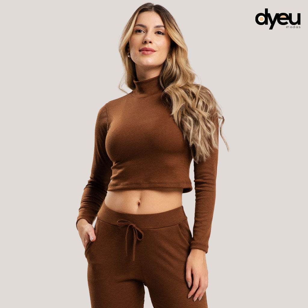 Blusa Cropped Canelada Feminina Gola Alta e Manga Longa Inverno Blusinha Cropet Dyeu Modas