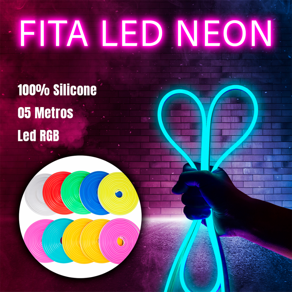 Fita LED Neon Flexível Signage Nails 5m 12V Bivolt Várias Cores RGB Colorido Bar Balada Comércio
