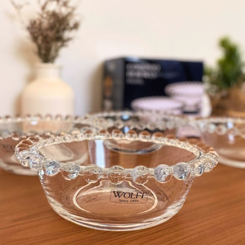 Conjunto Jogo 4 Bowls Cumbucas Jogo de Sobremesa em Cristal Transparente Pearl Bolinhas Wo...