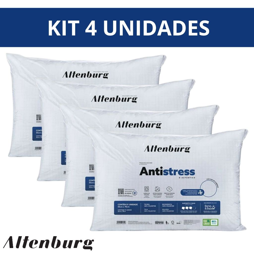 Kit 4 Travesseiros Altenburg Antistress Antialérgico 50cm x 70cm Fios de Carbono Contra Insonia em Oferta na Shopee
