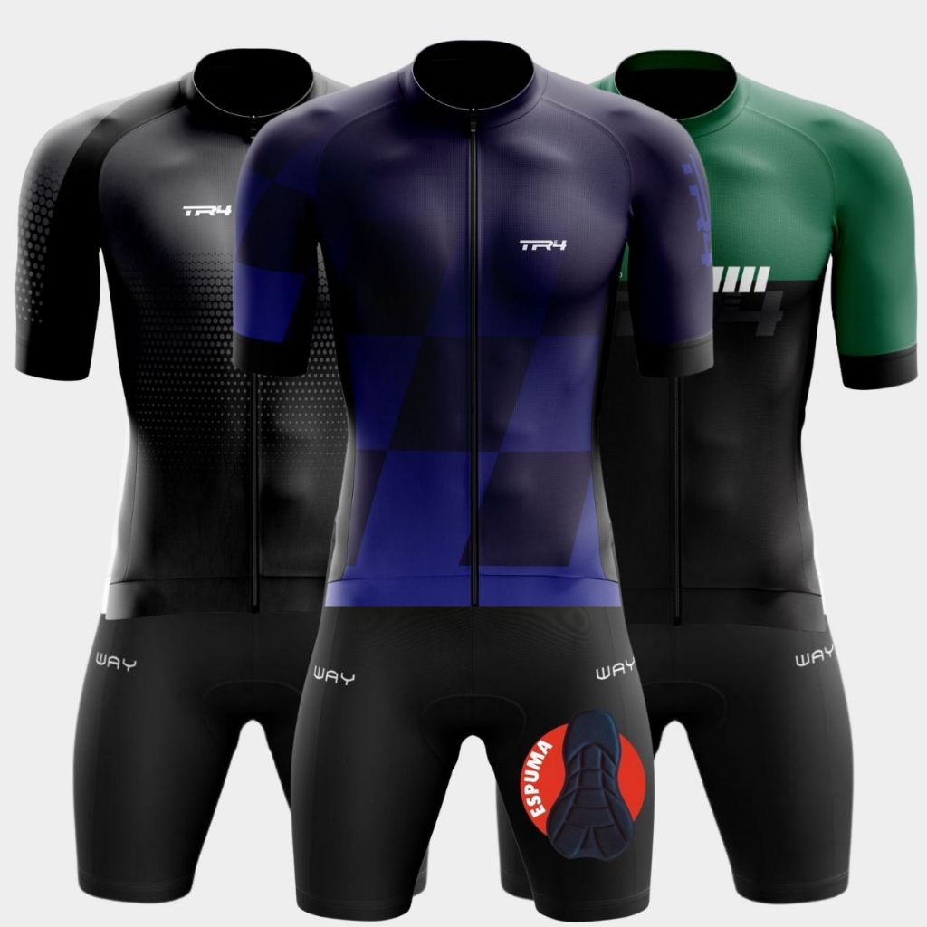 Conjunto Kit Ciclismo Masculino Camisa Manga Curta Ziper Total Short Bermuda Forro Espuma Bike MTB
