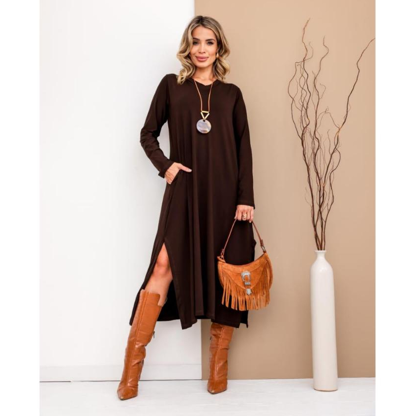Vestido Longo de Inverno Manga Longa Midi Saruel Moda Evangelica c Bolso veste 42 ao 48 em Oferta na Shopee