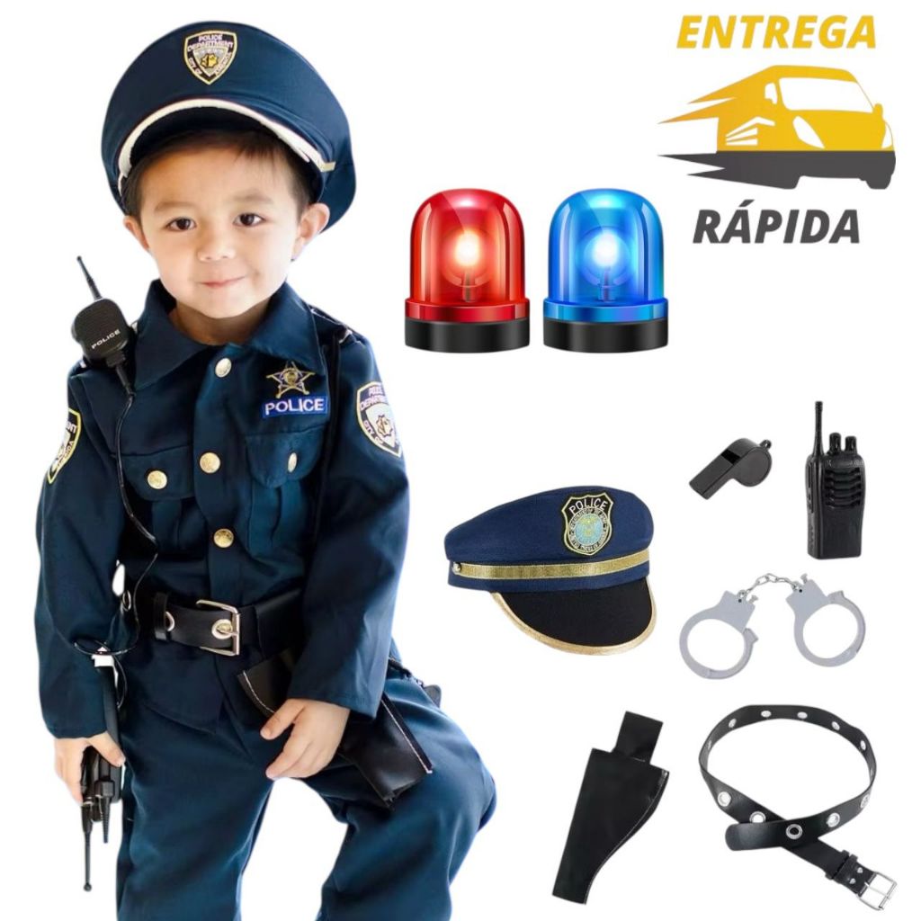 Conjunto 8 Peças De Fantasia Crianças Uniforme Policial Fantasia Cosplay Até 10 anos. em Oferta na Shopee