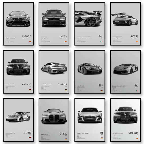 Kit 10 Quadros Decorativo Carros Marcas Famosa SVJ GT3RS G80M3C Decoração