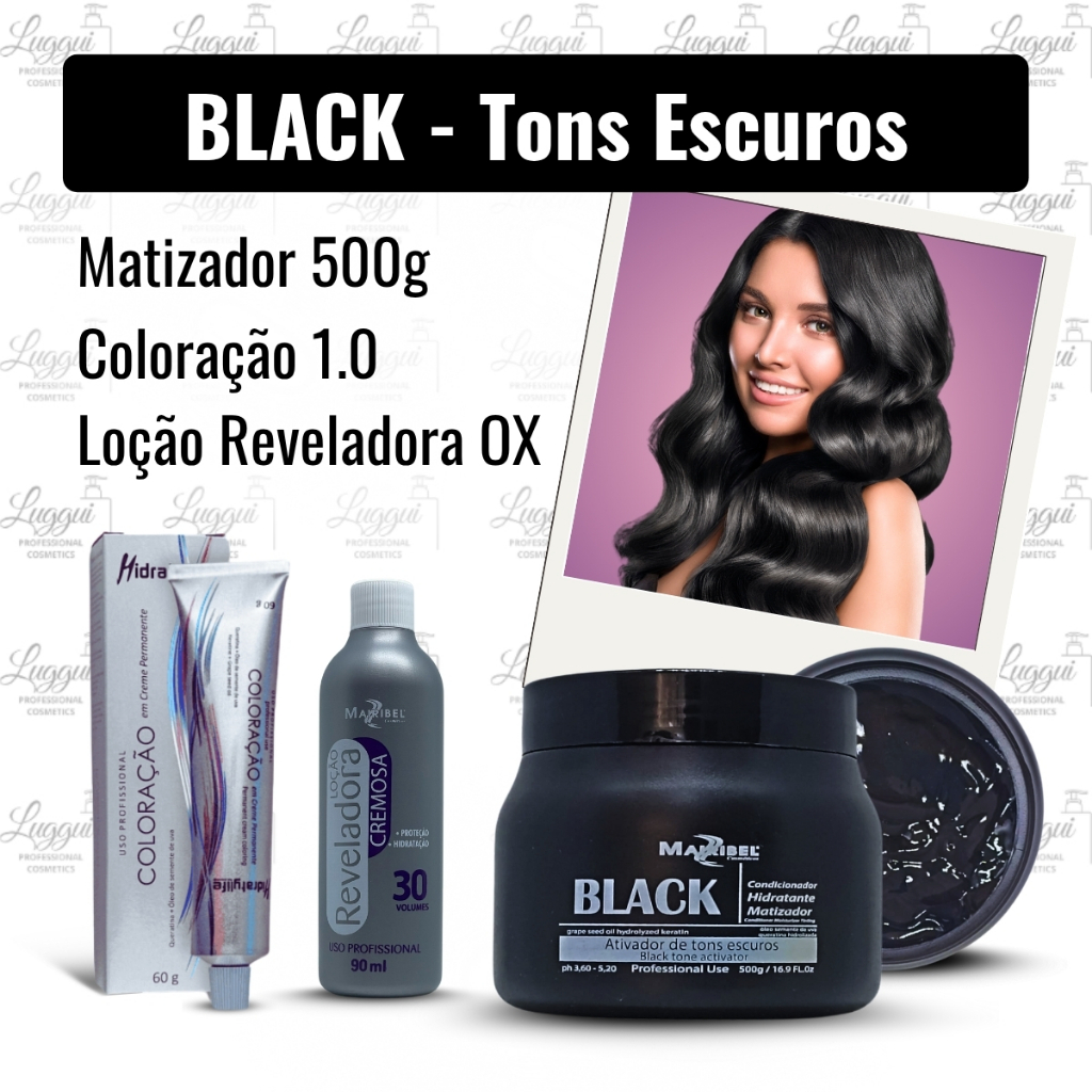 Combo Cabelos Pretos e Tons Escuros com Coloração 1.0 + Matizador Black 500g + OX 30 vol. Mairibel