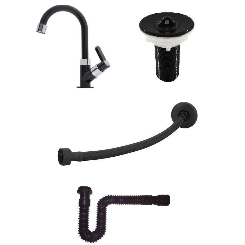 Kit Torneira Lavatorio Banheiro Preto Black + Engate 60cm Preto Metal + Valvula Preta + Sifão Preto
