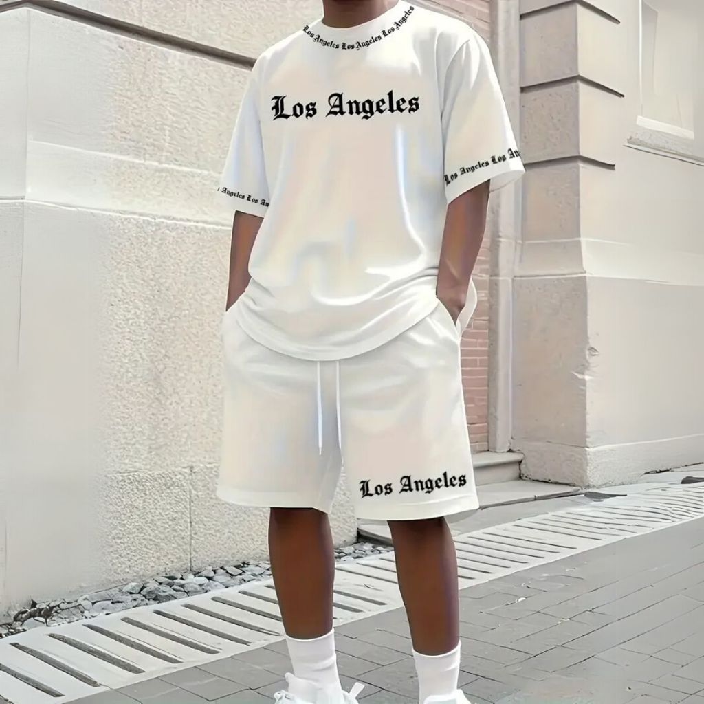 Conjunto Camiseta Oversized + Bermuda Moletom Los Angels Confortável 100% Algodão