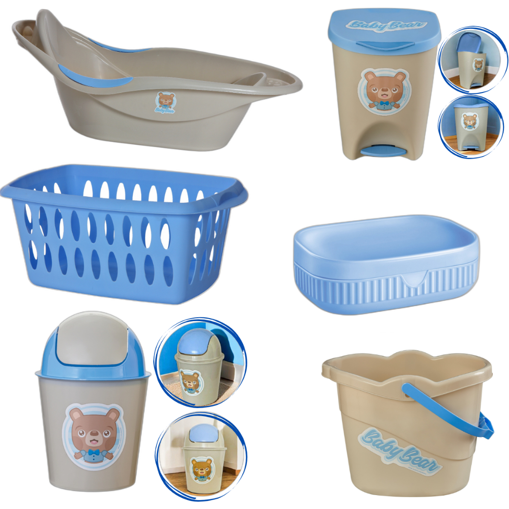 Kit Para Banho Quarto Bebê Baby Menino Menina Banheira Saboneteira Cesto Baldinho E Lixeiras Azul