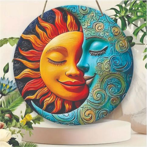 Imagem Mandala Sol e Lua Face Arte de Parede de Madeira Decorativo Redondo de Madeira, Presente de Decoração de Casa Criativa