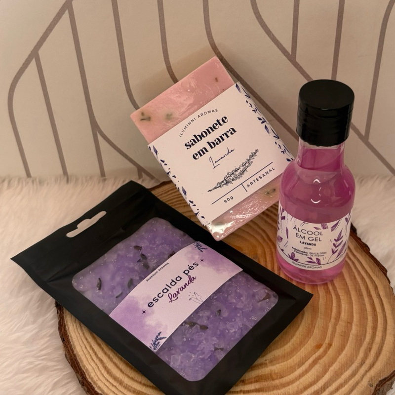 Kit Trio Lavanda - Escalda Pés Lavanda + Sabonete em Barra Lavanda + Álcool em Gel Lavanda