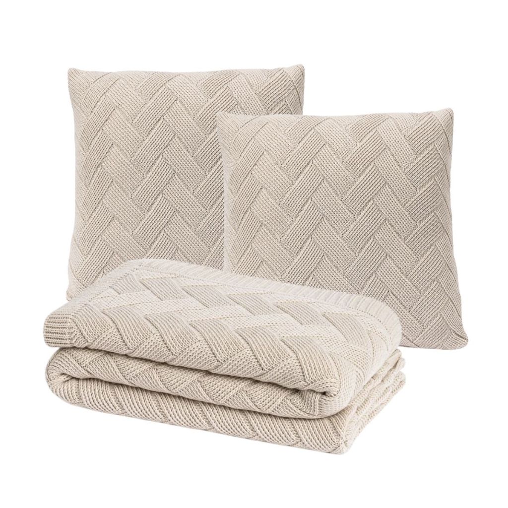 Kit Peseira Manta Tricot Cama Solteiro Casal Queen King + 2 Capas Almofadas Trico Londres