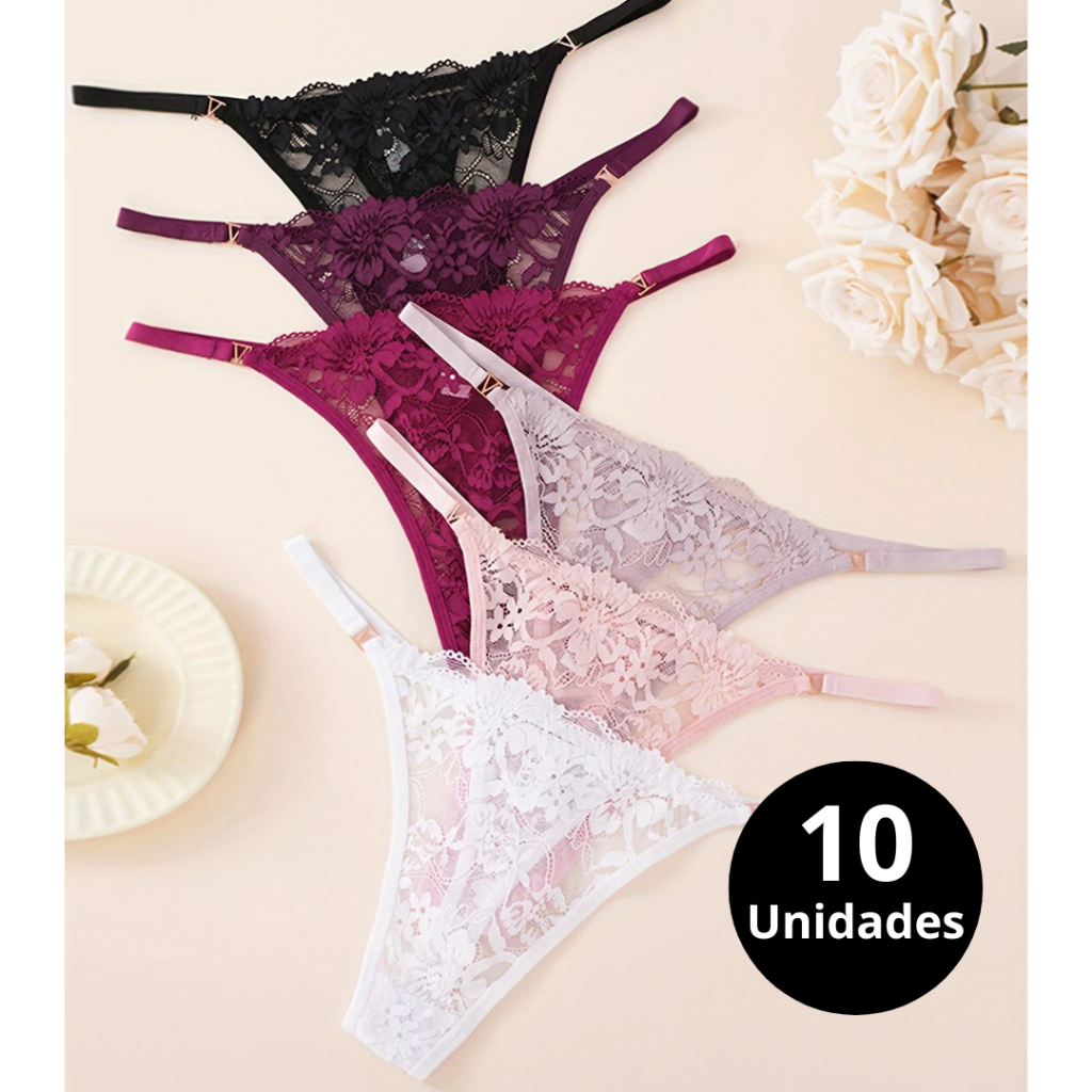 Kit 10 Calcinha Fio Dental Sexy de Renda Calcinhas com Regulagem Feminina Tanga Sensual