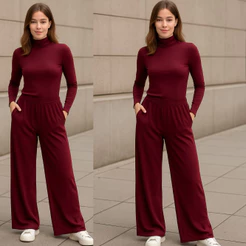 Conjunto Pantalona Feminina Viscolycra Com Bolso e Elástico na Cintura Blusa Gola Alta