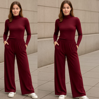 Conjunto Pantalona Feminina Viscolycra Com Bolso e Elástico na Cintura Blusa Gola Alta