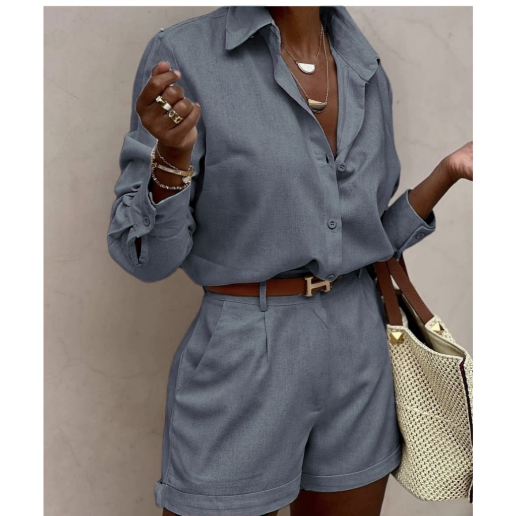 conjunto camisa e shorts com elastico atrás de linho social 002 em Oferta na Shopee