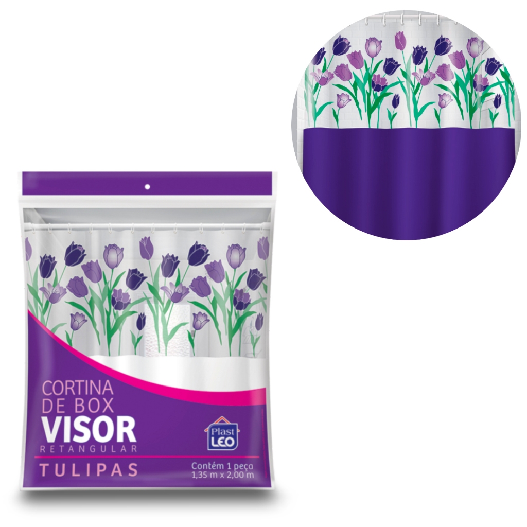 Cortina de Box Para Bnaheiro Vinil com Visor Retangular Estampada Tulipas Plast Leo