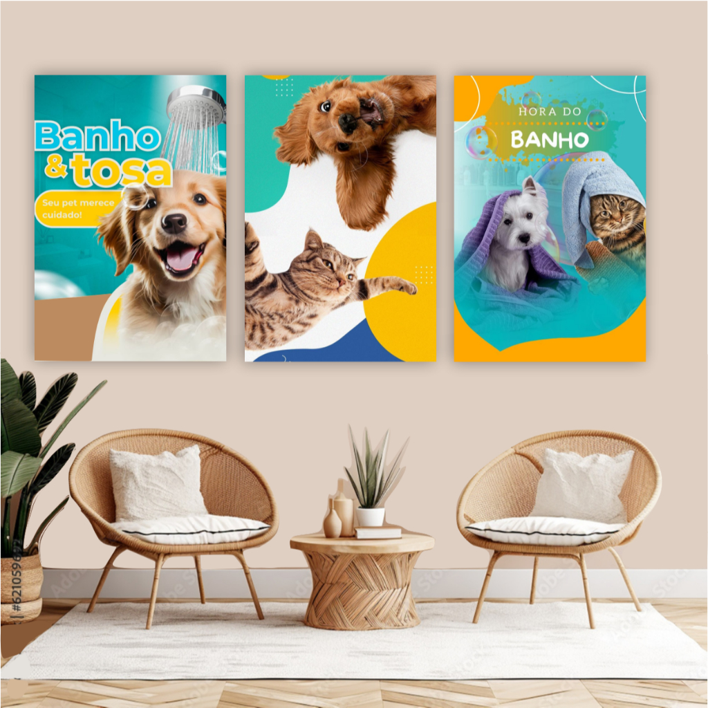Quadro decorativo 3 peças pet shop hora do banho gato cachorro animais banho e tosa