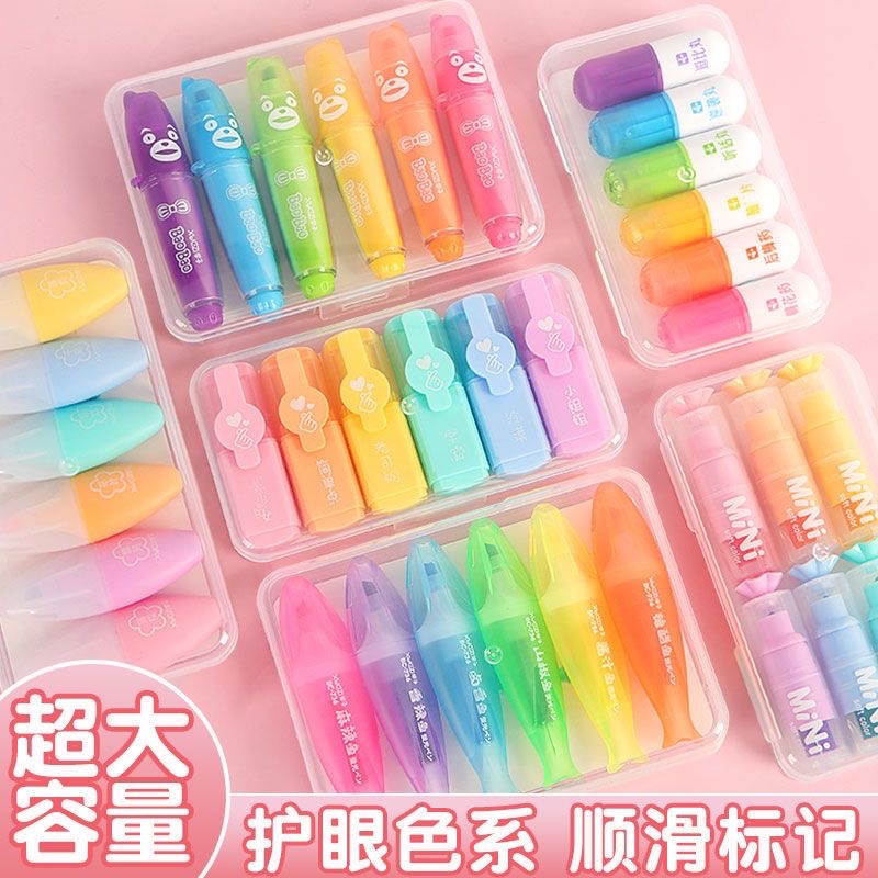 Kit 10 Pacotes/Com 6 Peças Mini Marcador De Texto / Kawaii Desenho Fofo Marca Texto