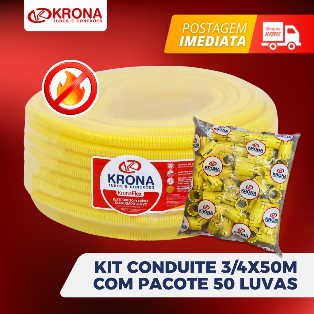 Kit Conduite 3/4 X 50m Eletroduto Krona Mais Luva P/conduite Pvc Krona Amarela 3/4 C/50unid