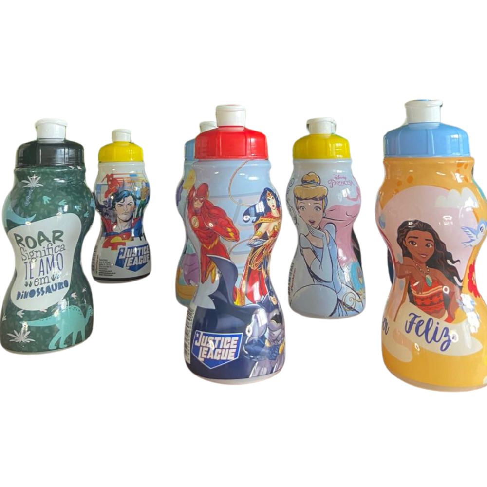 Garrafinha de Água de Plástico Liga da Justiça Princesas Moana Cinderela Dinossauro 250ml Infantil