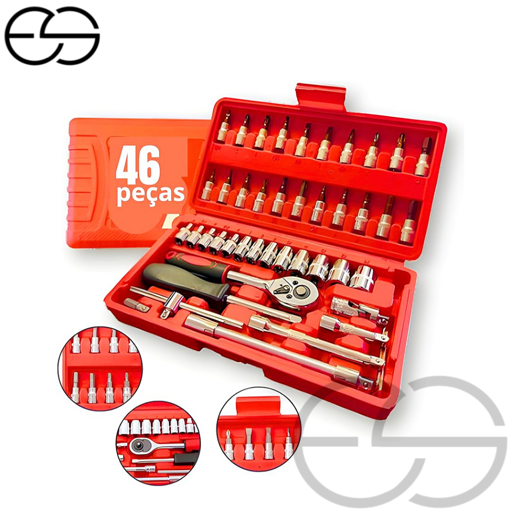 Kit De Ferramentas 46 Peças Jogo De Soquetes Chave Catraca Reversível Com Maleta Jogo De Ferramentas Completo ES