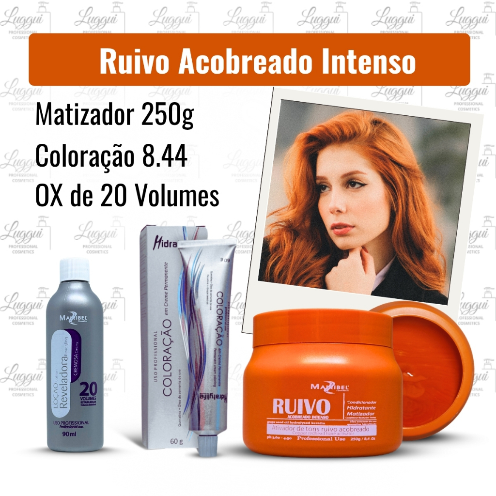 Combo Ruivo Acobreado com Coloração 8.44 + Matizador Ruivo 250g + OX 20 vol. Mairibel