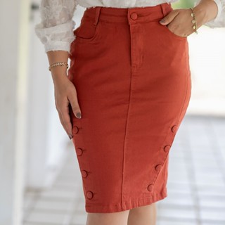 Saia Botões Cobertos Premium Secretária Cor Telha Terracota Com Lycra Moda Evangélica Evase Feminina em Oferta na Shopee