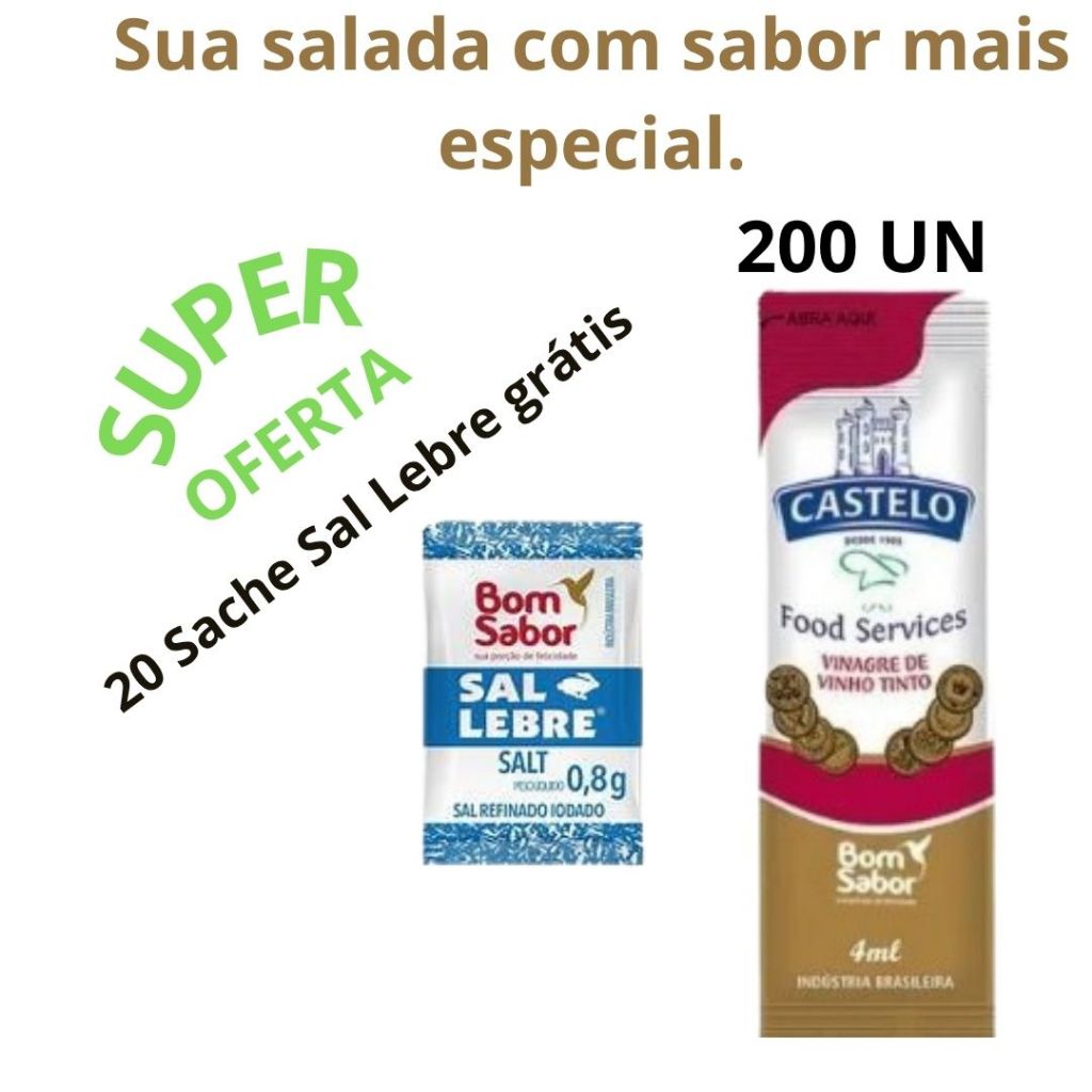 Vinagre  Sachê Castelo Bom Sabor Stick Individual  4 ml /// 50 /// 100 /// 200 == Grátis 20 Saches Sal Lebre.