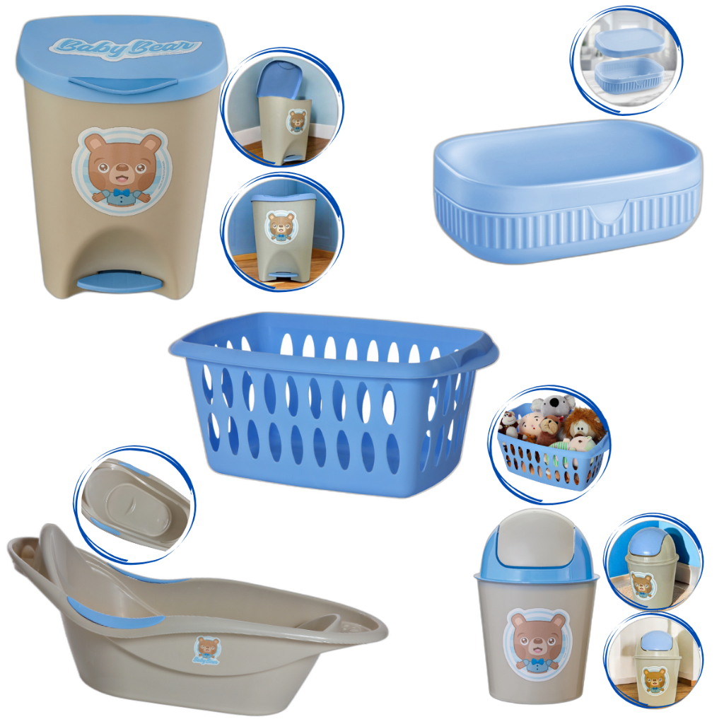 Kit Para Banho Quarto Bebê Baby Menino Menina Banheira Saboneteira Cesto E Lixeiras Azul